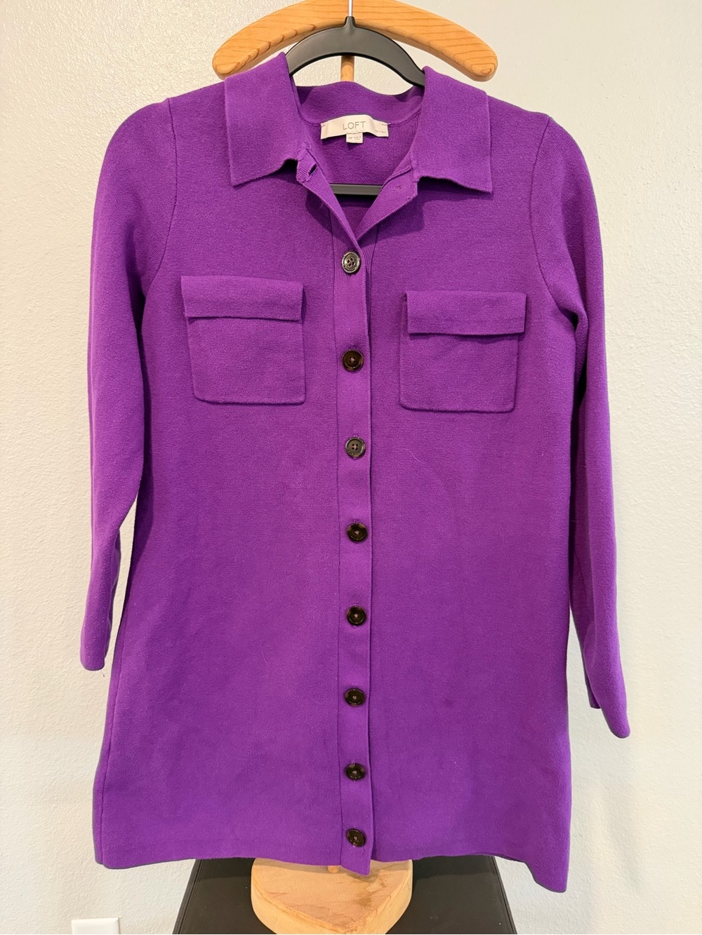 LOFT Vibrant Purple Button-Front Long Sleeve Knit Dress